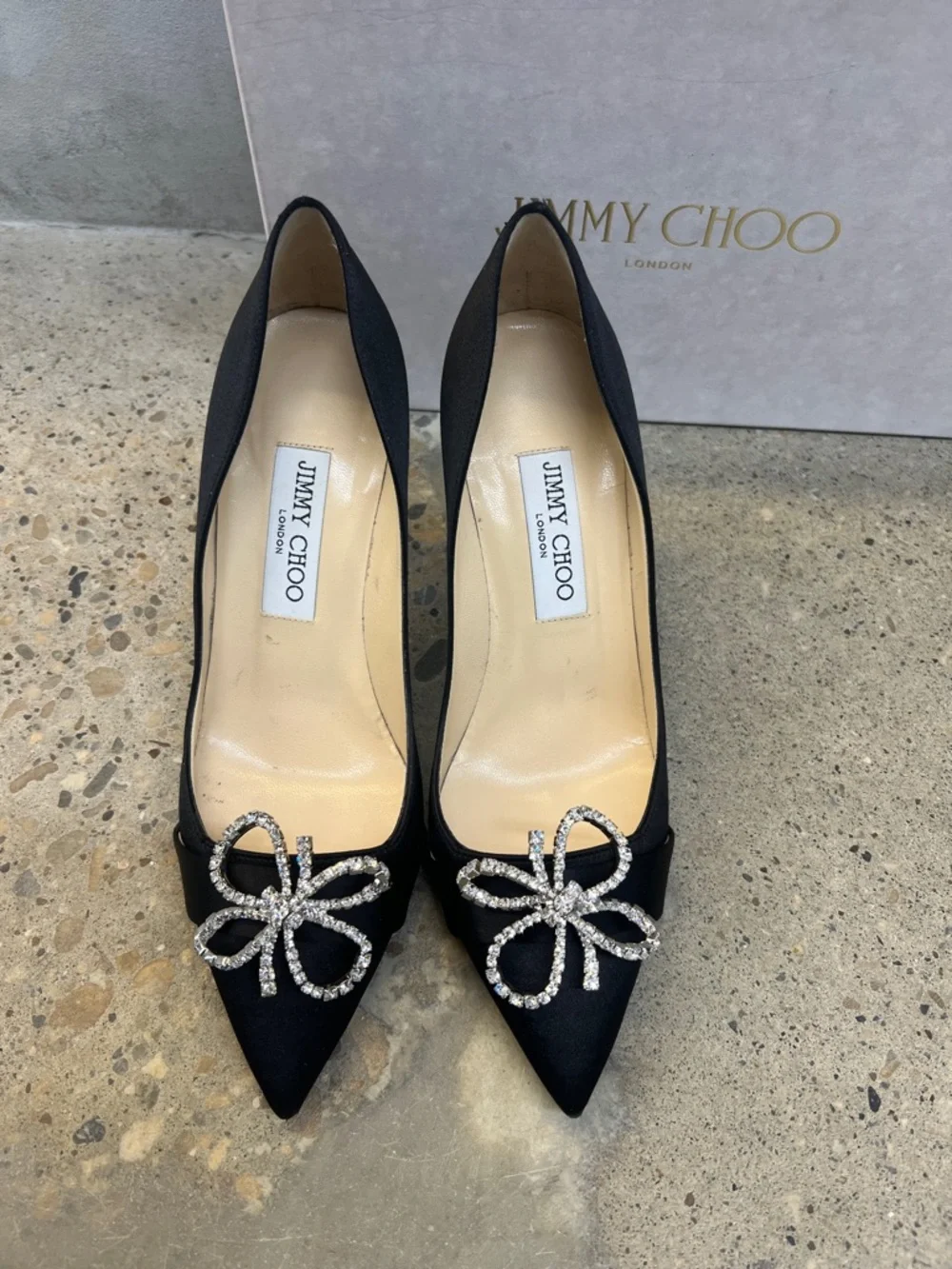 Jimmy Choo Black Satin Pointed Toe Pumps with Crystal Bow - Picture 2 of 6